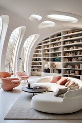 Modern Luxury Living Room with Sculptural Ceiling and Floor-to-Ceiling Bookshelves