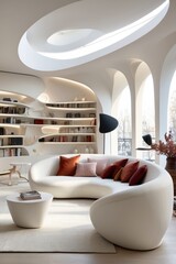 Futuristic Minimalist Living Room with Curved Sofa and Sculptural Bookshelves