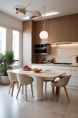 Modern Minimalist Kitchen with Marble Table and Sculptural Lighting