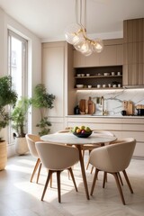 Modern Beige Kitchen and Dining Area with Marble Countertops and Gold Accents
