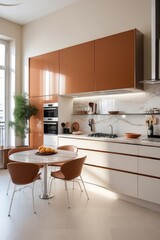 Modern Minimalist Kitchen with Terracotta Cabinets and Marble Accents