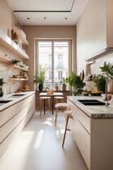 Bright and Airy Modern Kitchen with Marble Countertops and Open Shelving