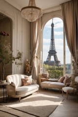 Luxurious Parisian Living Room with Eiffel Tower View