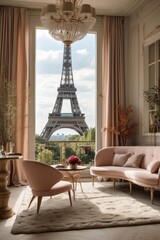 Elegant Parisian Living Room with Eiffel Tower View