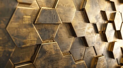 Abstract hexagonal brass and wooden panels merging seamlessly into elegance.