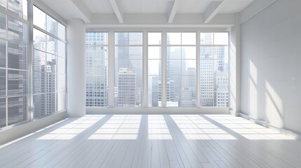 Fototapeta premium Front view of an office interior with a row of dark wood tables standing under large windows