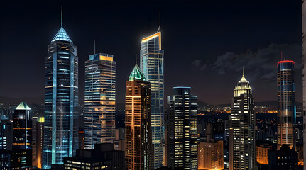 Obraz premium Glossy and artistic neon light effect urban landscapes of modern towering cities and Skyscrapers or Artistic textures and futuristic townscapes ai generative