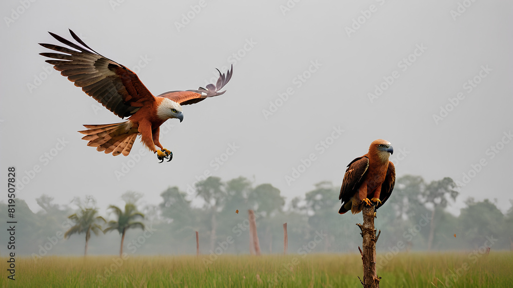 Wall mural ai image generate segmentation of birds of prey in rice fields