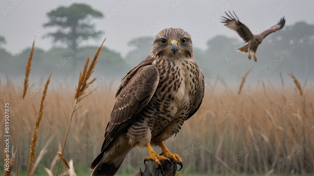 Wall mural ai image generate segmentation of birds of prey in rice fields