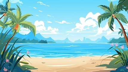 Obraz premium Beach scene with palm trees, ocean, and clouds in a cartoon style. Cartoon-style illustration of a beach with palm trees, ocean, and blue sky.