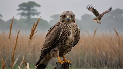 AI image generate segmentation of birds of prey in rice fields