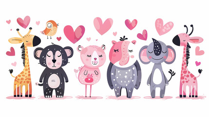 Obraz premium Funny Animal in Love Feel Passion at Valentine Day ,A set of cute cartoon animals. Vector flat images of animals for postcards, invitations, textiles, thermal printing