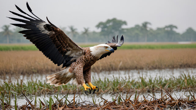 AI image generate segmentation of birds of prey in rice fields