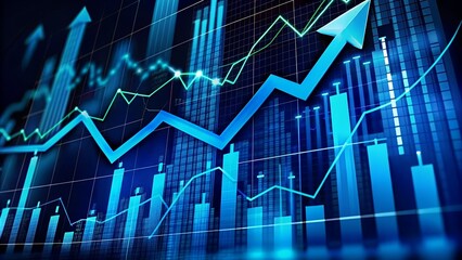 Naklejka premium Financial development in business, showcasing increasing profit growth with upward trending graphs, currency symbols, and corporate imagery.