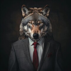 wolf in the suit with tie, headshot portrait, photo realistic