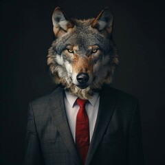 wolf in the suit with tie, headshot portrait, photo realistic