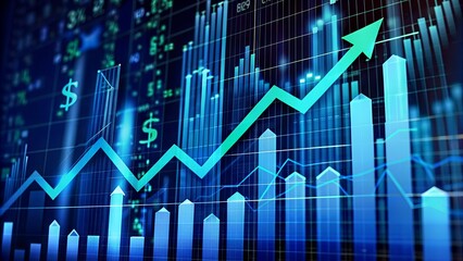 Financial development in business, showcasing increasing profit growth with upward trending graphs, currency symbols, and corporate imagery.