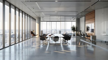 Front view of an office interior with a row of dark wood tables standing under large windows