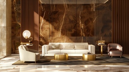 Gleaming brass and natural wood textures combine to form a luxurious backdrop.