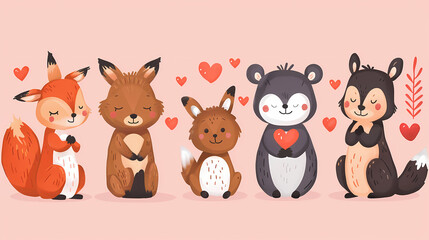 Obraz premium Funny Animal in Love Feel Passion at Valentine Day ,A set of cute cartoon animals. Vector flat images of animals for postcards, invitations, textiles, thermal printing