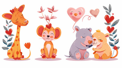 Funny Animal in Love Feel Passion at Valentine Day ,A set of cute cartoon animals. Vector flat images of animals for postcards, invitations, textiles, thermal printing