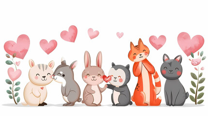Naklejka premium Funny Animal in Love Feel Passion at Valentine Day ,A set of cute cartoon animals. Vector flat images of animals for postcards, invitations, textiles, thermal printing