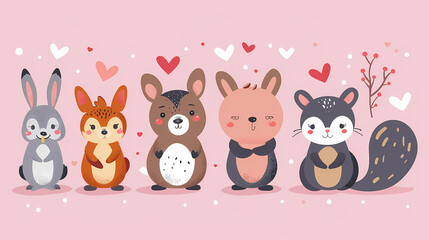 Naklejka premium Funny Animal in Love Feel Passion at Valentine Day ,A set of cute cartoon animals. Vector flat images of animals for postcards, invitations, textiles, thermal printing