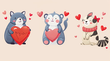 Funny Animal in Love Feel Passion at Valentine Day ,A set of cute cartoon animals. Vector flat images of animals for postcards, invitations, textiles, thermal printing