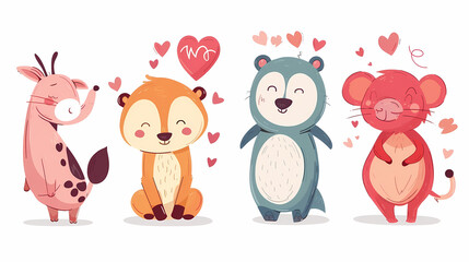 Obraz premium Funny Animal in Love Feel Passion at Valentine Day ,A set of cute cartoon animals. Vector flat images of animals for postcards, invitations, textiles, thermal printing