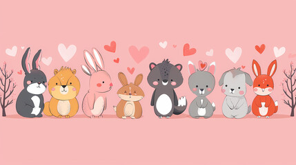 Obraz premium Funny Animal in Love Feel Passion at Valentine Day ,A set of cute cartoon animals. Vector flat images of animals for postcards, invitations, textiles, thermal printing