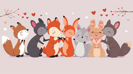 Naklejka premium Funny Animal in Love Feel Passion at Valentine Day ,A set of cute cartoon animals. Vector flat images of animals for postcards, invitations, textiles, thermal printing