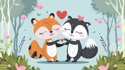 Funny Animal in Love Feel Passion at Valentine Day ,A set of cute cartoon animals. Vector flat images of animals for postcards, invitations, textiles, thermal printing