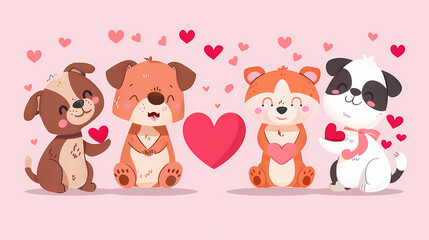 Funny Animal in Love Feel Passion at Valentine Day ,A set of cute cartoon animals. Vector flat images of animals for postcards, invitations, textiles, thermal printing