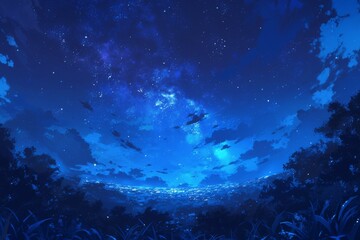 Obraz premium Natural scenery on an anime style day with stars in the sky