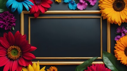 chalkboard with flowers, A vibrant and colorful flower frame with ample copy space, perfect for showcasing your message in a stunning and unique way.