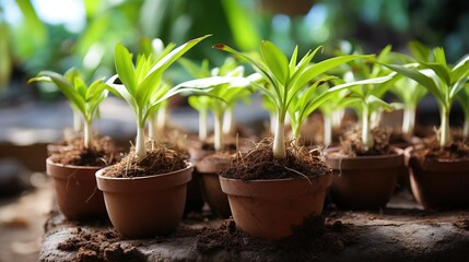 coconut shoots in a very beautiful pot, nature background generate AI