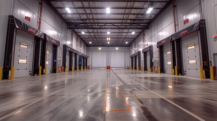 Modern empty warehouse interior with loading docks and polished concrete floor, perfect for logistics and storage operations.