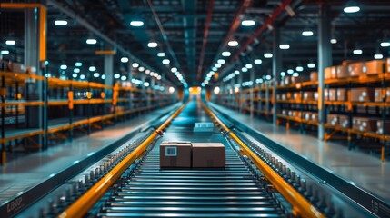 Fototapeta premium Modern automated warehouse with conveyor system and packages in transit under bright lights symbolizing efficiency in logistics.