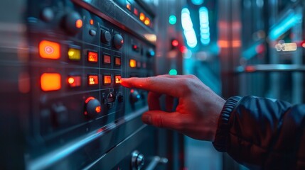 Close-up of a hand pressing a button on a control panel with illuminated buttons and glowing lights, showcasing technology and modern equipment.