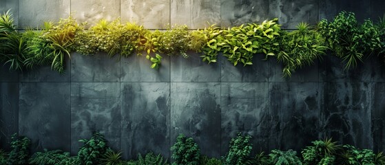 A modern concrete wall decorated with lush green plants and vines, creating a beautiful contrast between industrial and natural elements.
