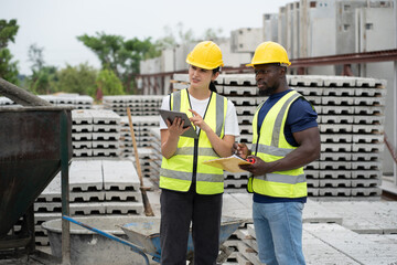 Portrait African engineer man use clipboard and Hispanic latin engineer woman use tablet computer...