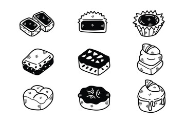 Delicious bread and cupcakes Hand drawn illustrations in line art style