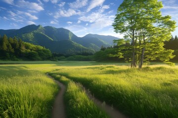 Obraz premium Illustration of beautiful countryside with green grasslands and mountains, Japanese anime style.