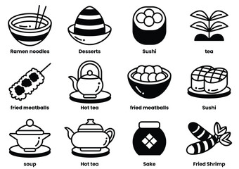 A set of food icons including ramen noodles, dessert, sushi, tea