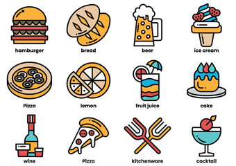 The image is a collection of food and drink icons, including pizza, cake, wine
