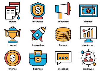 A set of icons that represent various business concepts
