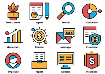 A set of icons for finance, insurance, and stock charts