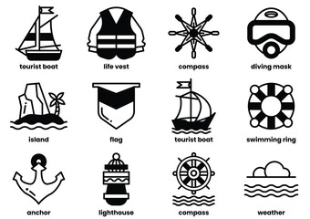 The image is a collection of various water-related icons, including boats