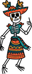 A skeleton dressed in a sombrero and pants is dancing
