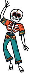 A skeleton dressed in a sombrero and pants is dancing